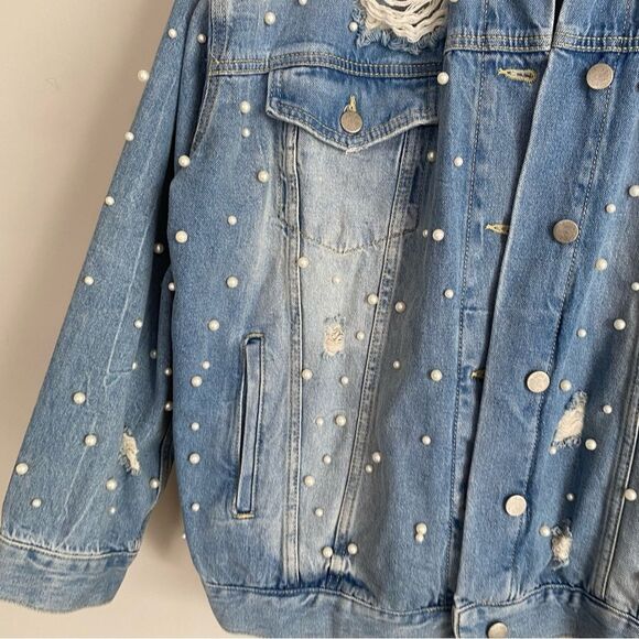 Free People Sunday Funday Blue Oversized Pearl Denim Jacket Distressed Slouchy - Picture 7 of 10